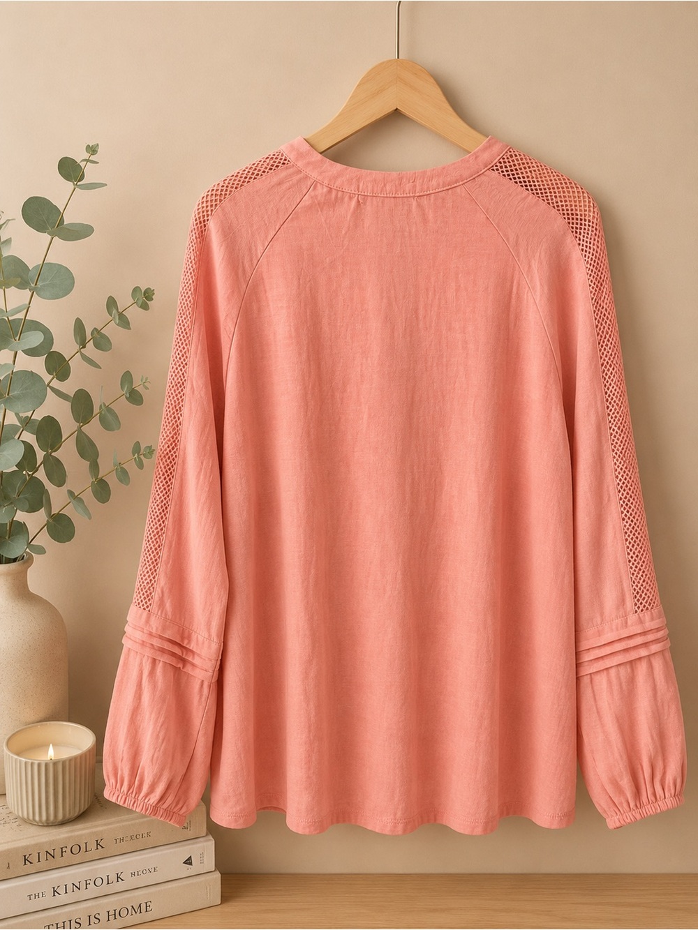 Notations Coral Pink Crochet-Trim Button Front Blouse - Picture 3 of 4